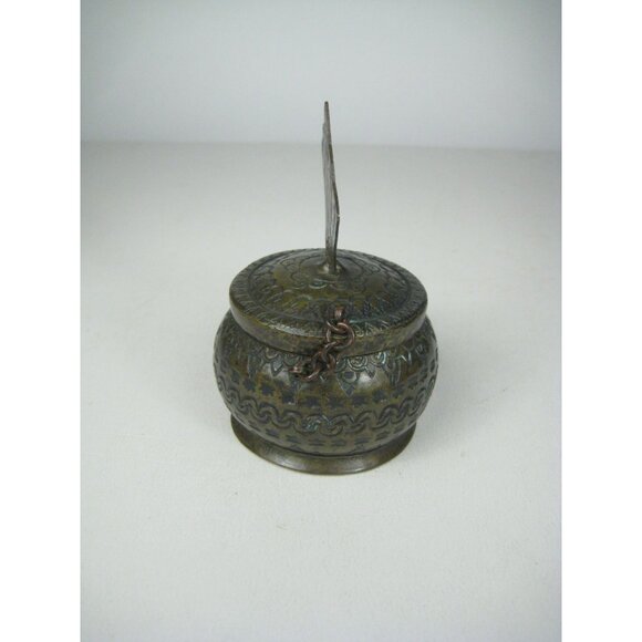 Vintage Brass Ornate Hinged Lidded Container Fan Handle Geometric Pattern - Picture 6 of 10